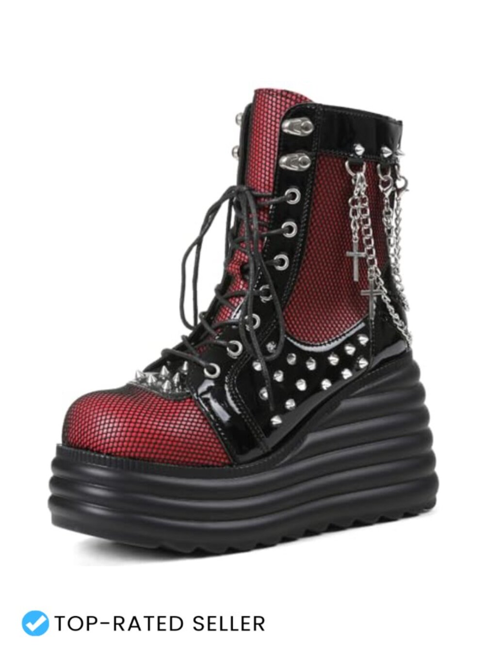 Gothic Ankle Boots Platform Combat Boots with Punk Chains & Studs Lace Up Wedge